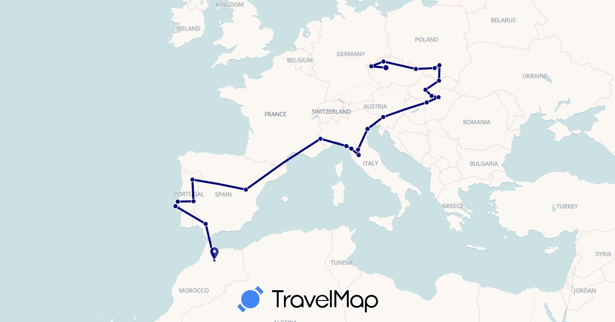 TravelMap itinerary: driving in Czech Republic, Spain, Hungary, Italy, Morocco, Poland, Portugal, Slovenia, Slovakia (Africa, Europe)